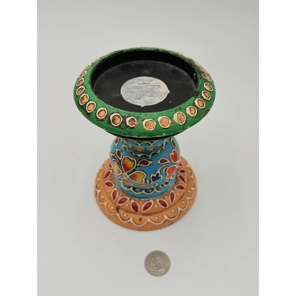 World Market Hand Painted Candle Holder Bohemian Folk Art Pillar Votive 6